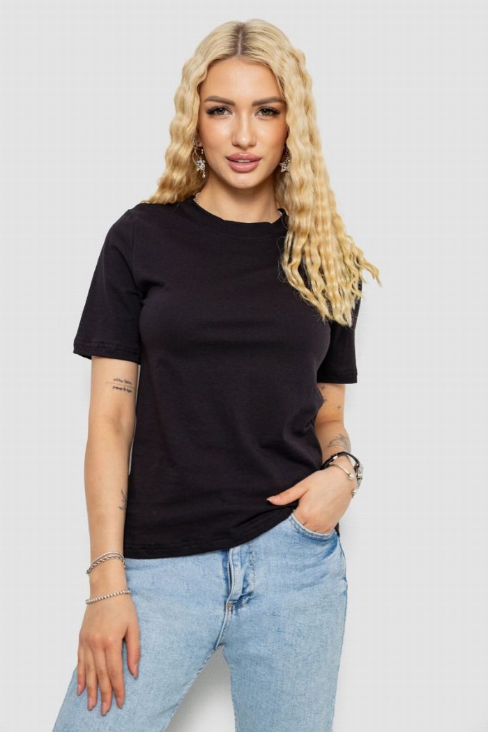 Футболка жіноча однотонна, колір чорний — фото товару KAMI STORE