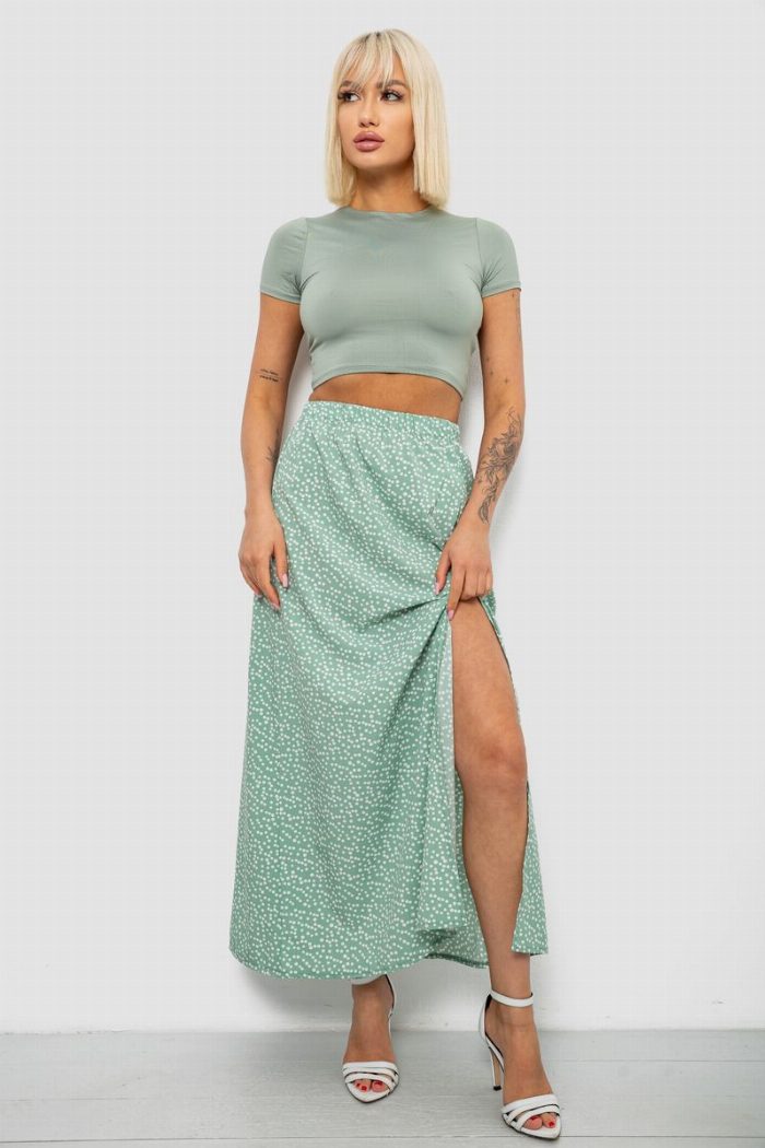 Спідниця софт однотонна в горошок, колір оливковий — фото товару KAMI STORE