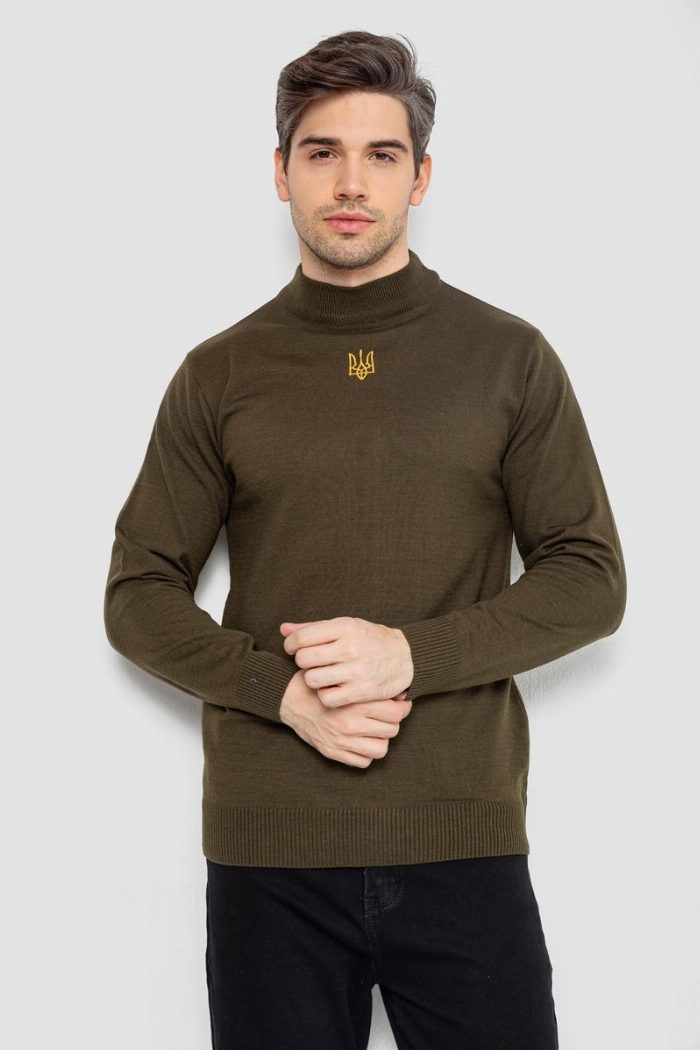 Светр чоловічий однотонний з вишивкою тризуб, колір хакі — фото товару KAMI STORE